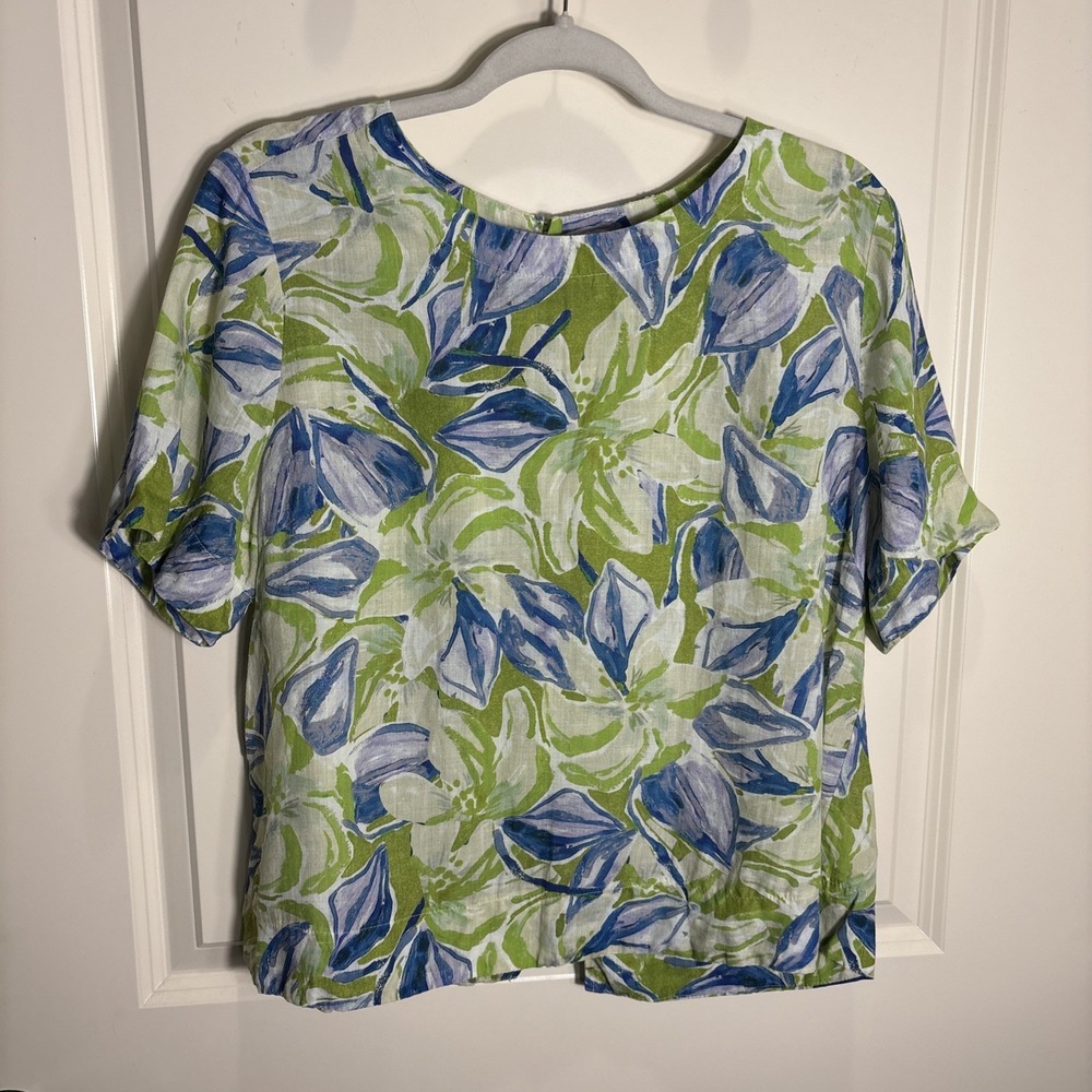 OLVE Tropical Botanical Cropped Boxy Linen Blend Top Sz XL (40) Resort Capsule